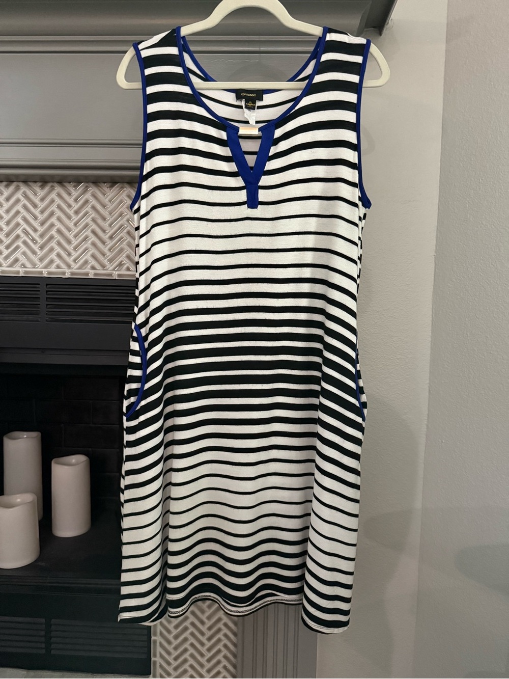 Espresso Black & White Striped Sleeveless Dress with Blue Trim